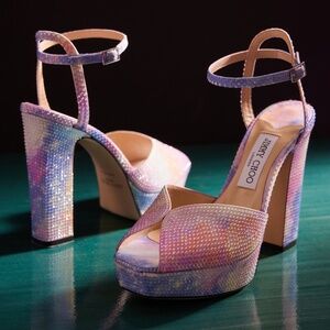 Jimmy Choo *RareNWT Exclusive Sacaria Crystal-Embellished Satin Platform Sandals